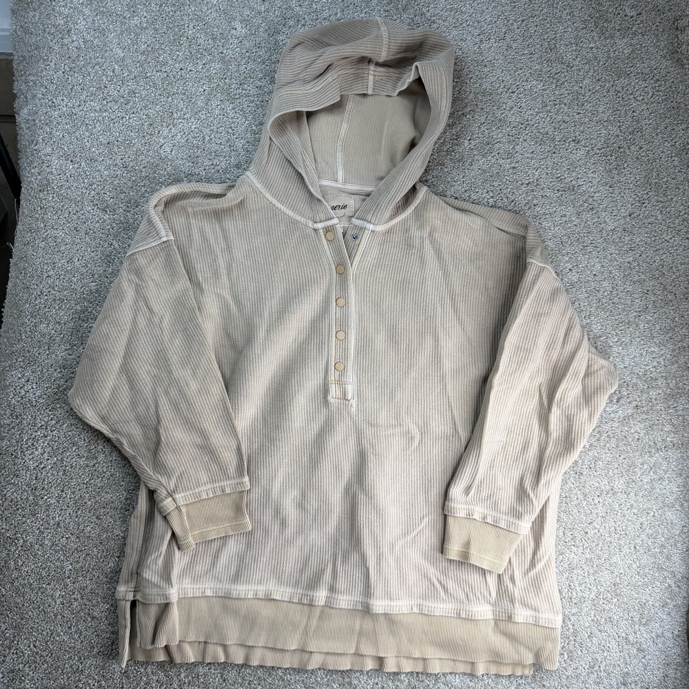 Aerie Hoodie Womens XL Beige Knit Henley Button Pullover Casual Sweatshirt